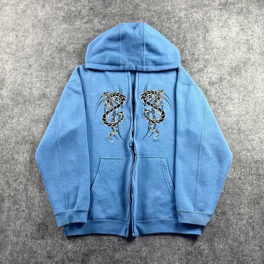 Vintage Y2K Top Heavy Hoodie Kids Blue Dragon Embroidered Tribal Zip Up